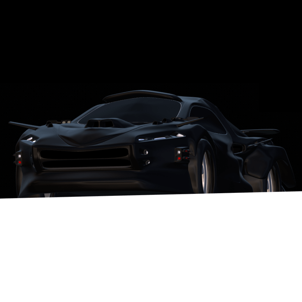 A dark coloured sports car on a white platform.