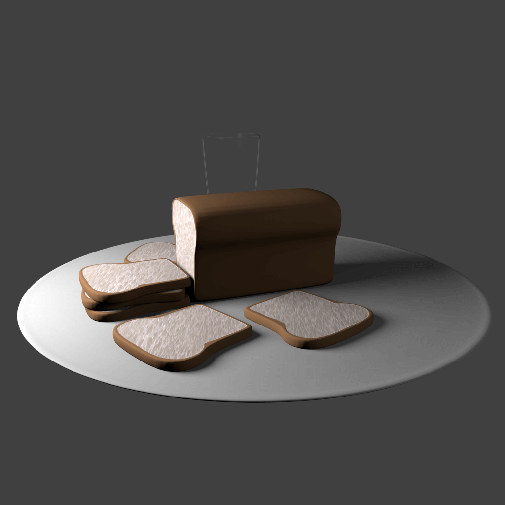 A plate with a loaf and slices of bread and an empty glass on a dark grey background.